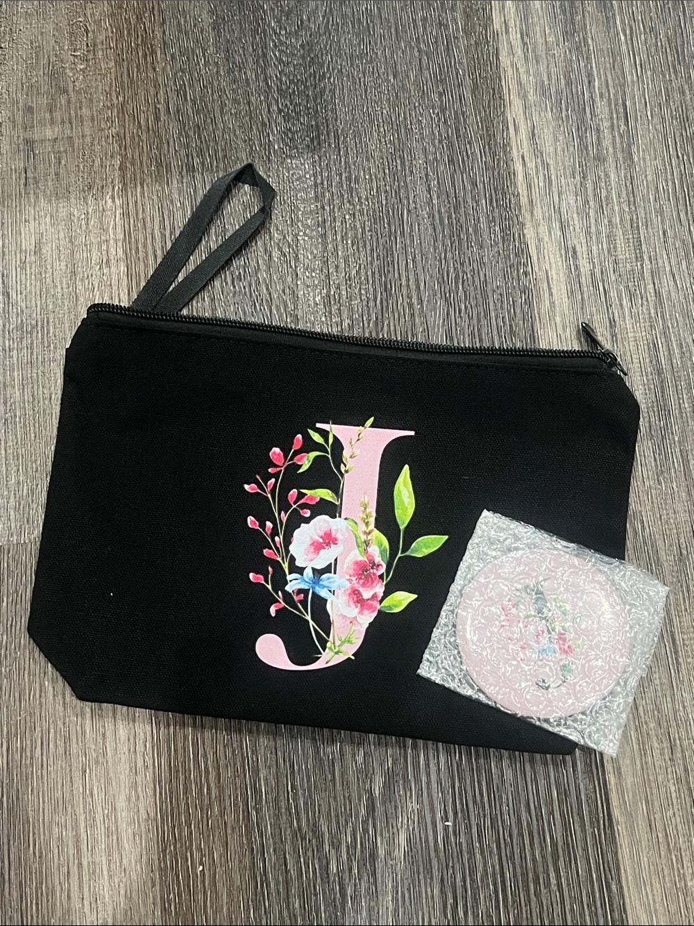 New Black Floral Initial 'J' Cosmetic Pouch and magnet